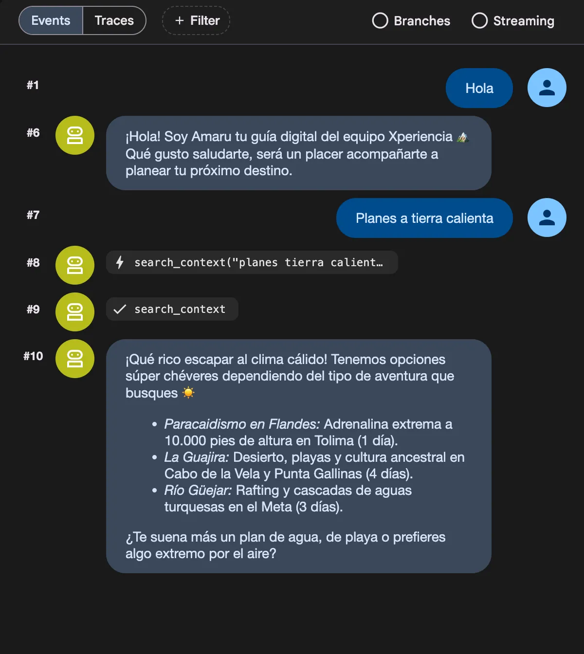 Chat del agente Amaru: el usuario pide planes a tierra caliente y el agente invoca search_context para recomendar Paracaidismo en Flandes, La Guajira y Río Güejar