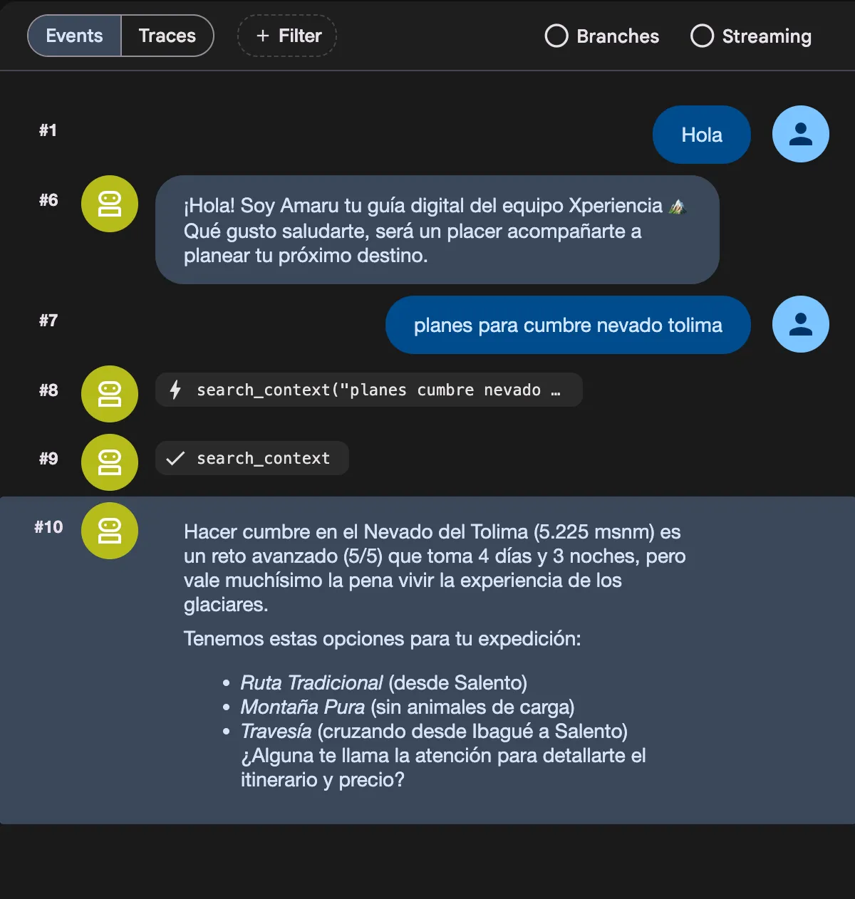 Chat del agente Amaru: el usuario pregunta por la cumbre del Nevado del Tolima y search_context devuelve rutas tradicional, Montaña Pura y Travesía