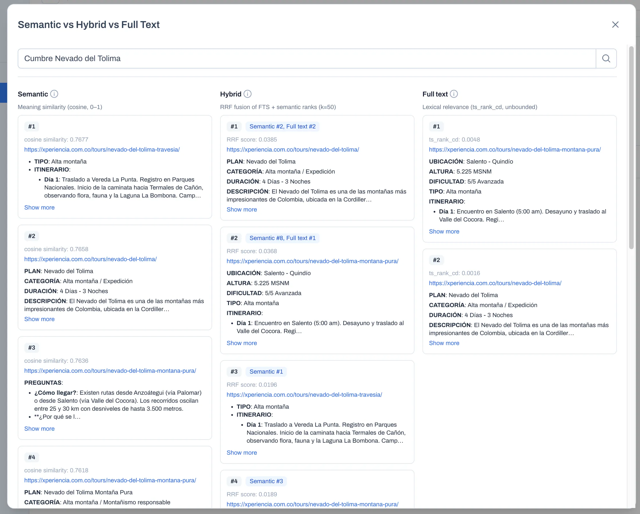 Comparison of semantic, hybrid, and full text search for the precise query 'Grand Canyon South Rim': hybrid merges results from both layers